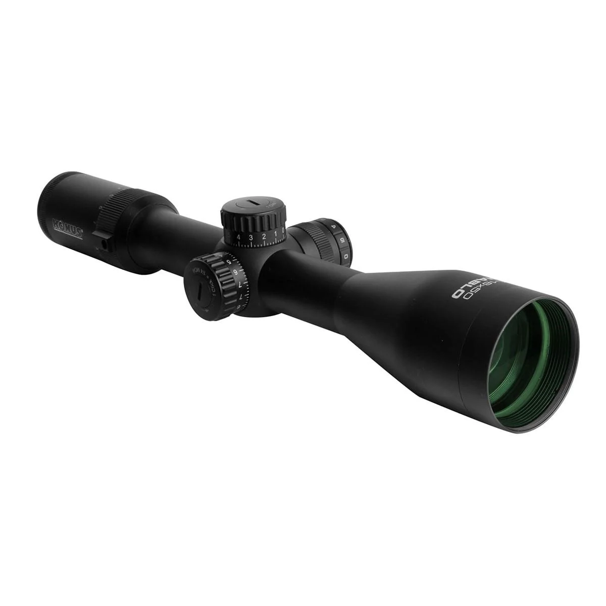 primary-53963 Konus Diablo Series rifle scope, black angled view with adjustment turrets and green-tinted lens