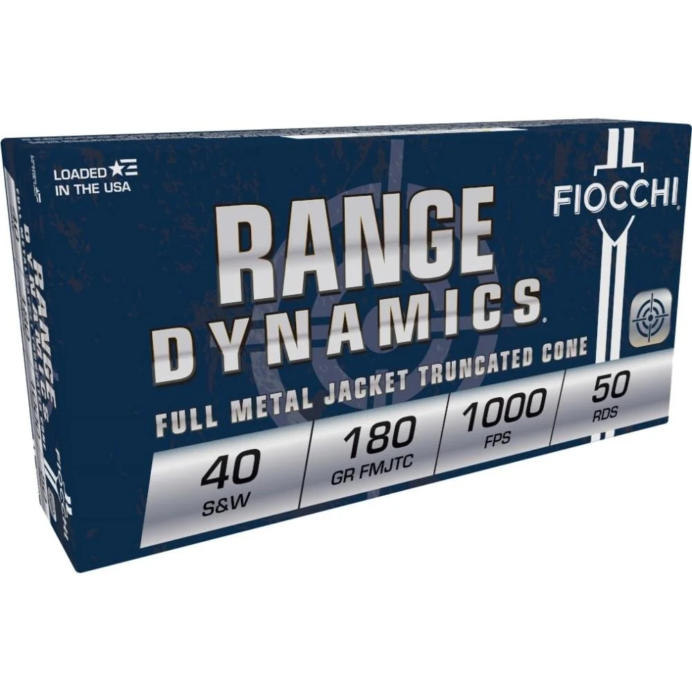 primary-53965 Fiocchi Range Dynamics Handgun Ammunition, blue retail box in angled front view