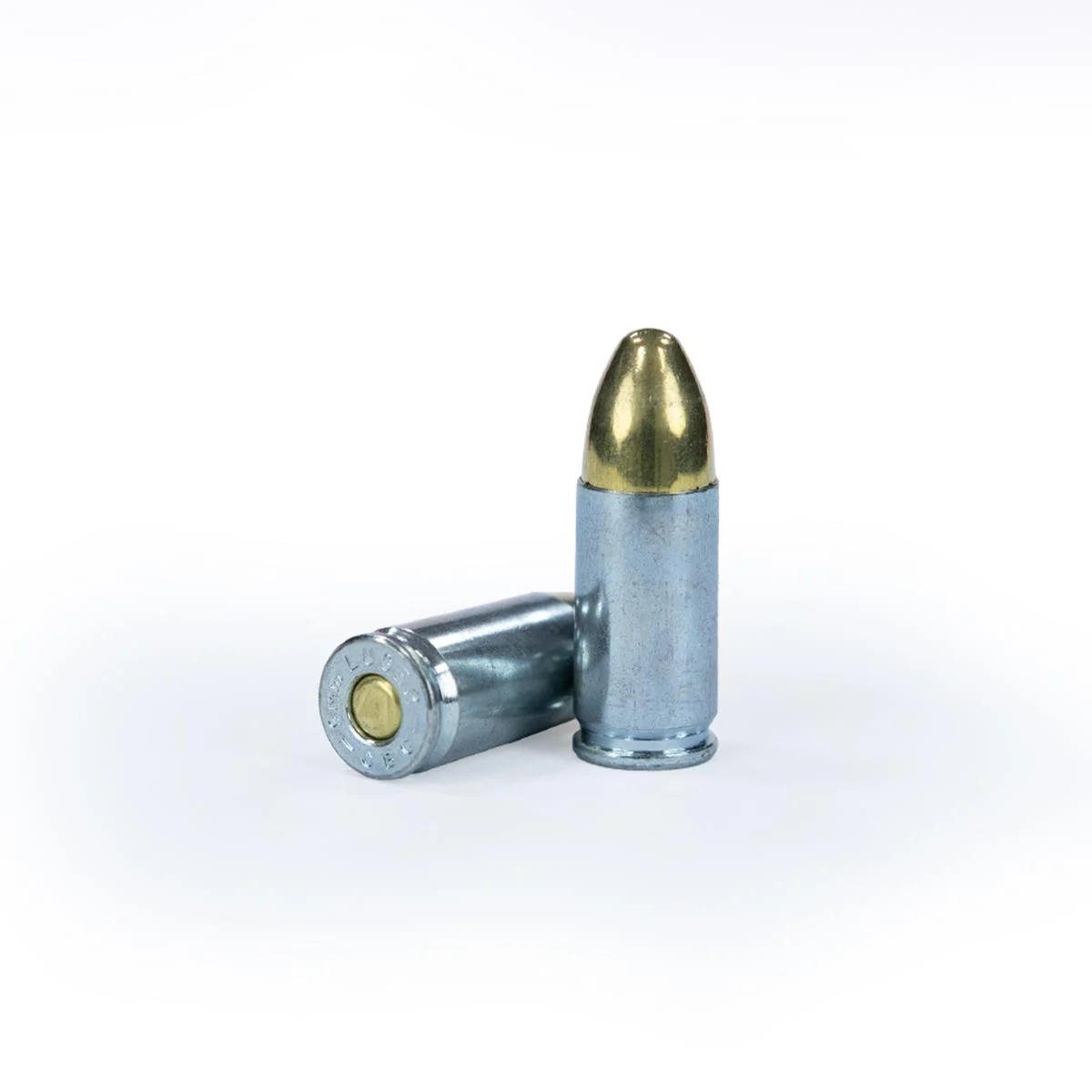 primary-53972 Magtech Steel Case Handgun Ammunition two zinc-colored cartridges with brass-colored bullets