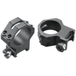 WEAVER 4-HOLE TACT RNG, two high matte black rings in angled views with four-screw caps