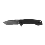 Kershaw Analyst Folding Knife, black side view with open partially serrated tanto blade