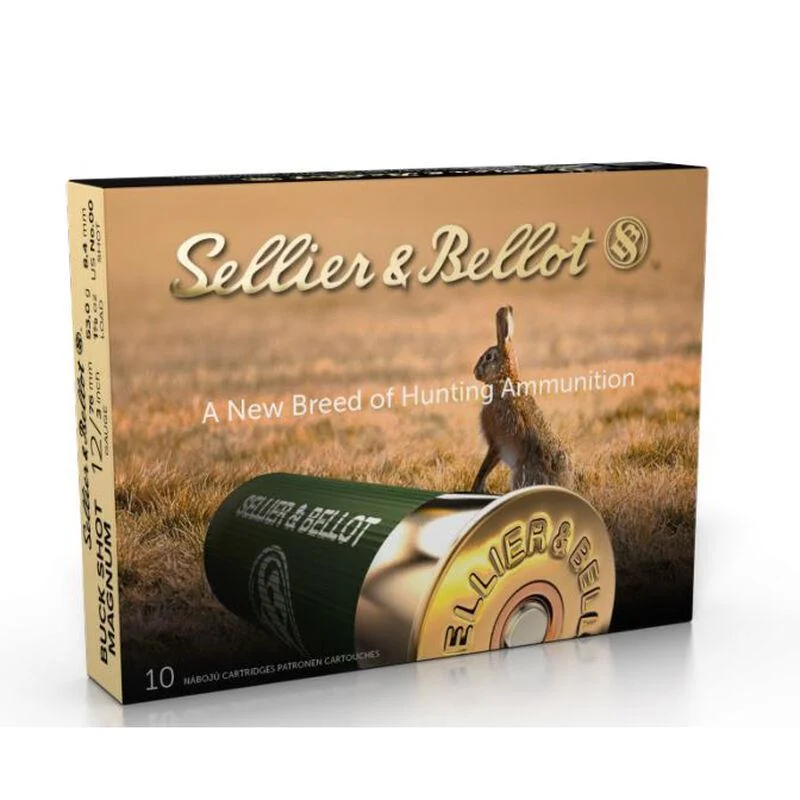 primary-53986 Sellier & Bellot S&B 12GA, front view of tan ammunition box with shotshell graphic