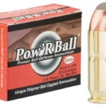 Glaser Pow'RBall Handgun Ammunition red and black box with one brass cartridge beside it