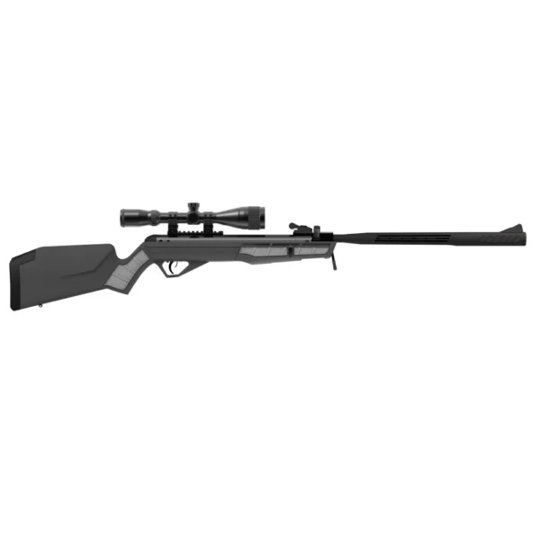 Crosman Mag-Fire Ultra Black air rifle, side view with black stock, long barrel and mounted scope