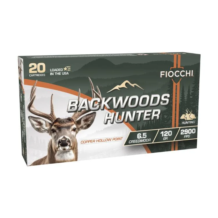 primary-54016 Fiocchi Backwoods Hunter Rifle Ammunition, green box with deer and mountain graphics, front angled view