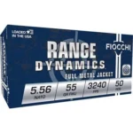 Fiocchi Range Dynamics Rifle Ammunition, angled view of blue and white box