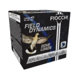 Fiocchi Lead Dove & Quail Shotshells, angled view of black retail box with dove artwork