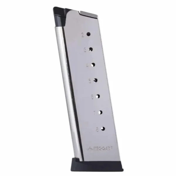 Mec-Gar 1911 Govt Handgun Magazine silver front view with witness holes and black buttplate