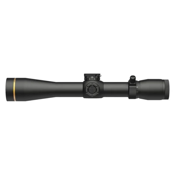 Leupold VX-4HD Rifle Scope, left side view in matte black with adjustment turrets and gold accent ring