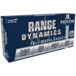 Fiocchi Pistol Shooting Dynamics Handgun Ammunition, blue and white box in angled front view