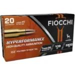Fiocchi Hyperformance Hunt Rifle Ammunition box, angled front view with black and orange design
