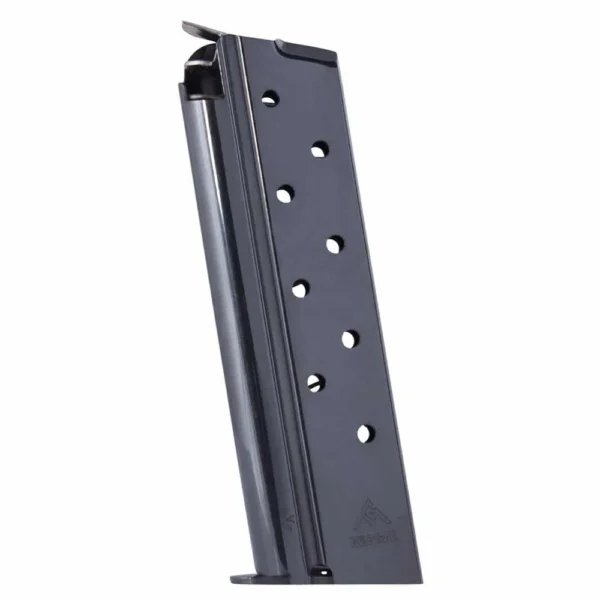 MEC-GAR 1911 handgun magazine in blued steel, angled side view with witness holes