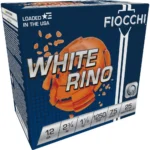 Fiocchi Exacta White Rino Shotshells, blue and orange ammunition box in angled front view