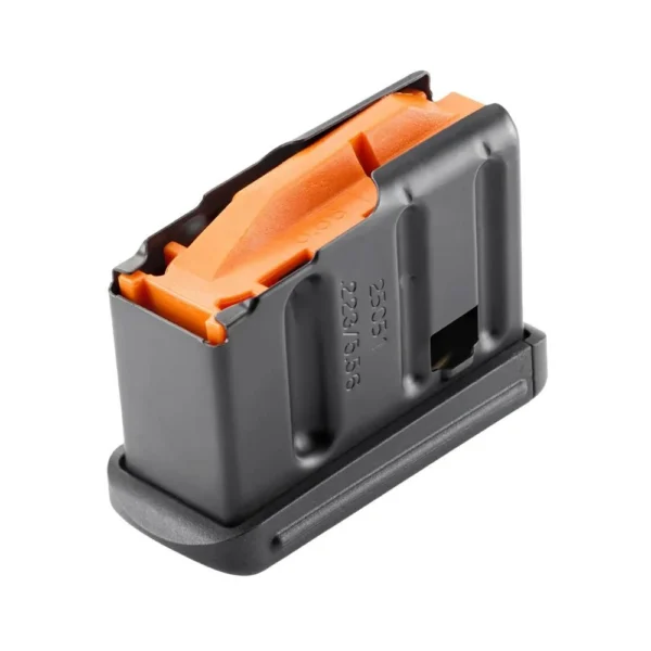 Ruger American 350 Legend 5rd magazine, angled view of black magazine with orange follower