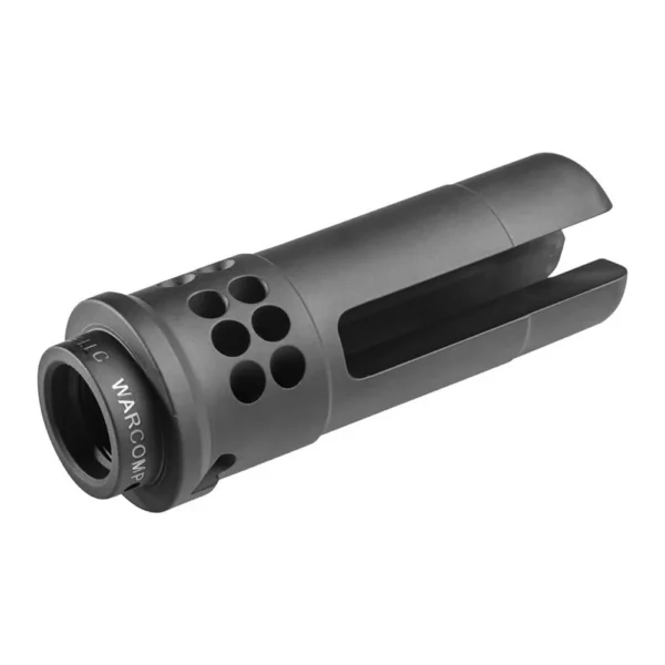 Surefire Warcomp Flash Hider Suppressor Adaptor, black angled view with vent holes and open prongs