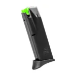 Mec-Gar Beretta Compact 92FS magazine, angled view in black with green follower and extended base