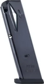 Mec-Gar Taurus PT92/99 Magazine, blued angled side view with witness holes and black base plate
