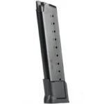 Mec-Gar 1911 Full Size Anti-Friction Handgun Magazine, angled view of silver and black magazine