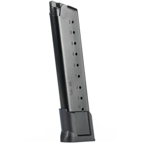 Mec-Gar 1911 Full Size Anti-Friction Handgun Magazine, angled view of silver and black magazine