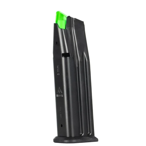 Mec-Gar Handgun Magazine for 2011/2311/Prodigy, black magazine with green follower, front view