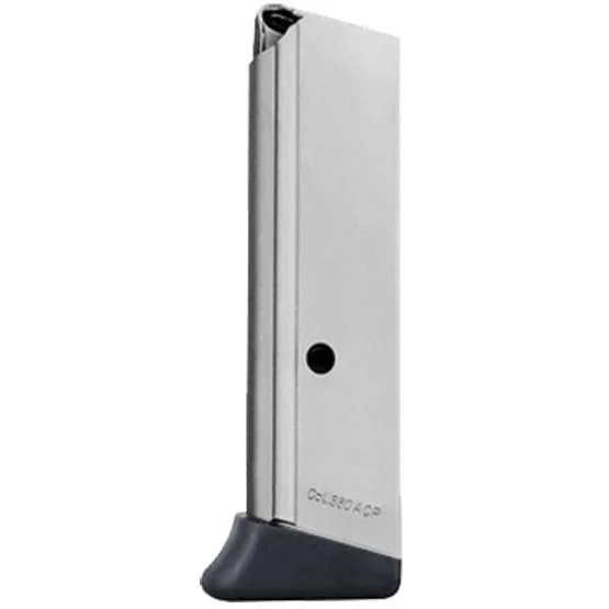 primary-54072 Mec-Gar Walther PPK/S nickel magazine, angled side view with black finger-rest floorplate