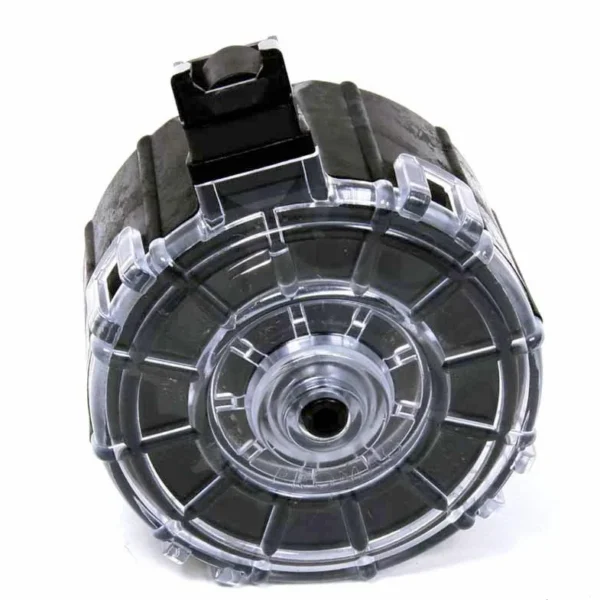 PROMAG SAIGA drum magazine, front view with translucent dark circular body and black feed tower