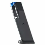 Mec-Gar CZ 75 Compact / P-01 / PCR Magazine, angled view of black metal magazine with blue follower