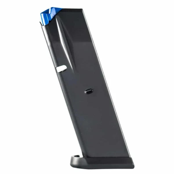 Mec-Gar CZ 75 Compact / P-01 / PCR Magazine, angled view of black metal magazine with blue follower