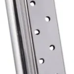 Mec-Gar 1911 Govt Handgun Magazine, nickel magazine in angled side view with witness holes