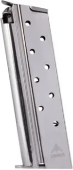 Mec-Gar 1911 Govt Handgun Magazine, nickel magazine in angled side view with witness holes