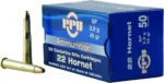 Prvi Partizan PPU 22 Hornet, blue ammunition box with two brass cartridges