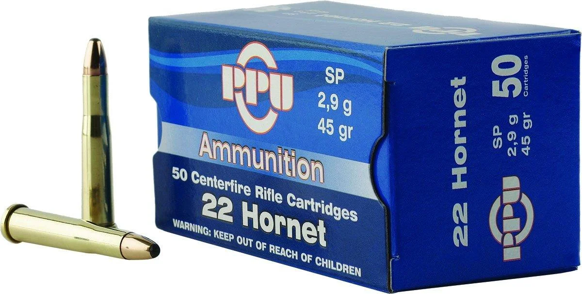 primary-54080 Prvi Partizan PPU 22 Hornet, blue ammunition box with two brass cartridges