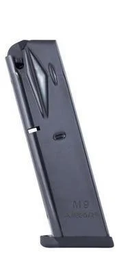 primary-54081 Mec-Gar Beretta 92FS M9 Magazine, angled view of blued metal magazine with black base