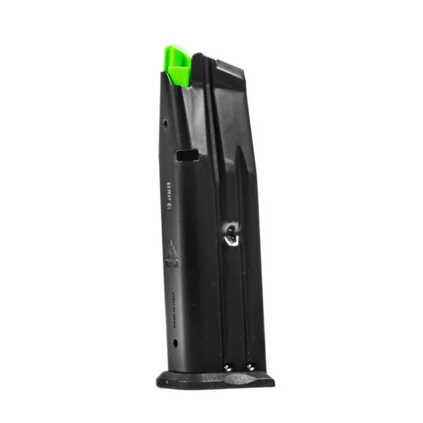Mec-Gar 2311 Prodigy & Clones Handgun Magazine, angled black magazine with green follower