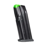 Mec-Gar Glock 19 Handgun Magazine, black angled view with green follower and flat baseplate