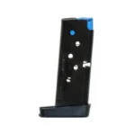 MEC-GAR MAG TAURUS 738TCP black magazine, angled side view with blue follower and flat baseplate