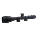 BSA SWEET 17 rifle scope, black, side view with lens bell, adjustment turrets and scope rings