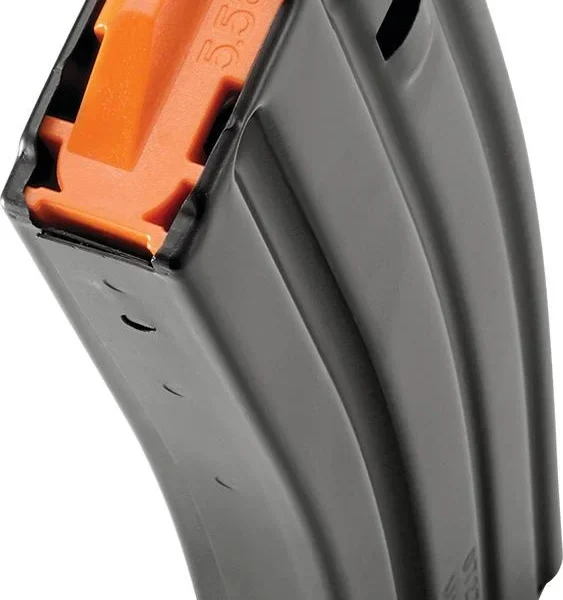 C Products Defense DuraMag curved gray magazine with orange follower in angled top view