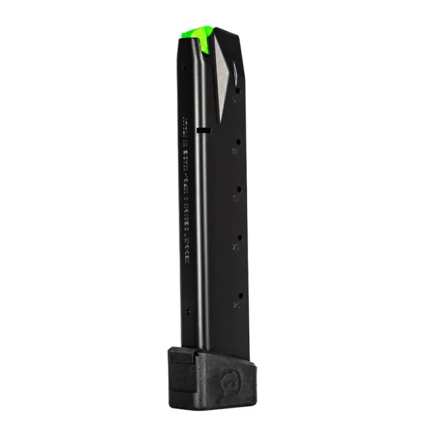 MEC-GAR MAG BERETTA 92 magazine, angled side view in black with green follower and extended base