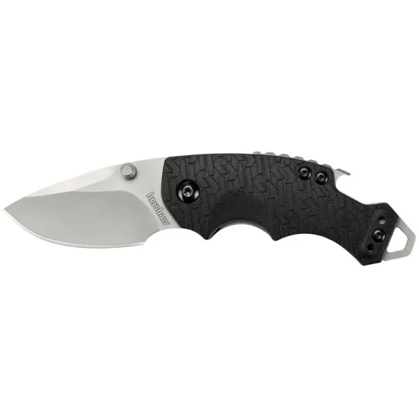 Kershaw Shuffle Folding Steel Knife open left-side view with silver blade and textured black handle