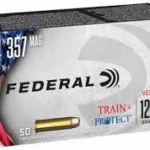 Federal Train & Protect handgun ammunition box, angled front view in silver, black and red