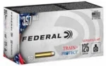 Federal Train & Protect handgun ammunition box, angled front view in silver, black and red