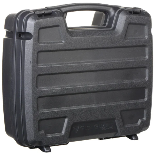 Plano SE Series 4 Pistol Case, angled front view in black with molded handle and ribbed shell
