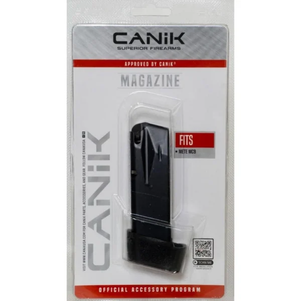 Century Arms Canik Mete MC9 Magazine, black with full grip extension in retail packaging
