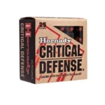 Hornady Critical Defense Handgun Ammo tan and black retail box, front and left side view