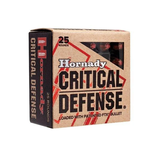 primary-54169 Hornady Critical Defense Handgun Ammo tan and black retail box, front and left side view