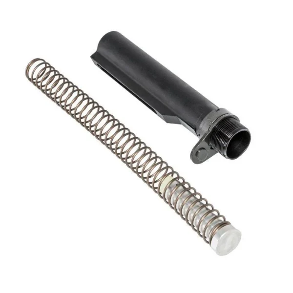 CMMG Receiver Extension Kit Carbine AR15, black extension tube and silver spring, angled view