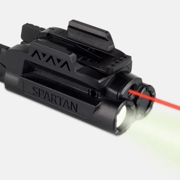 LaserMax Spartan Adjustable Fit Laser/Light Combo, black angled view with red laser and light