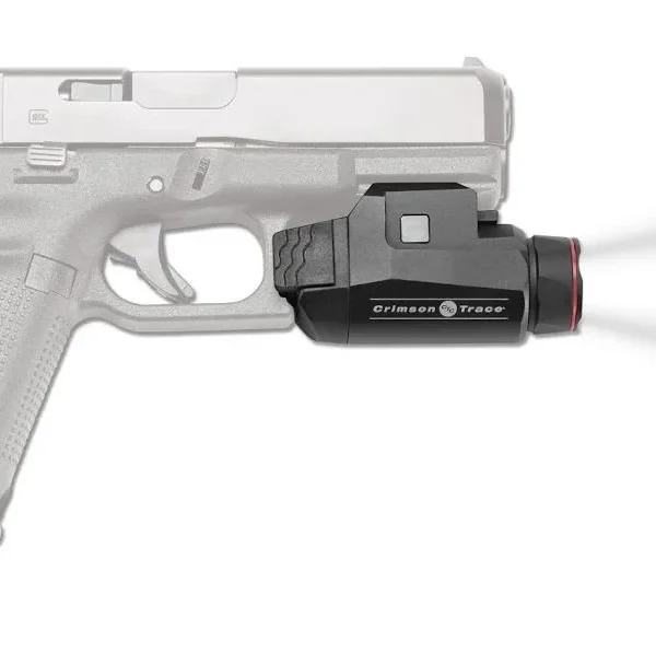 Crimson Trace CMR-208 Rail Master black tactical light mounted under a pistol, right-side view with beam