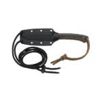CRKT Biwa fixed drop point knife with brown handle, black sheath and coiled cord